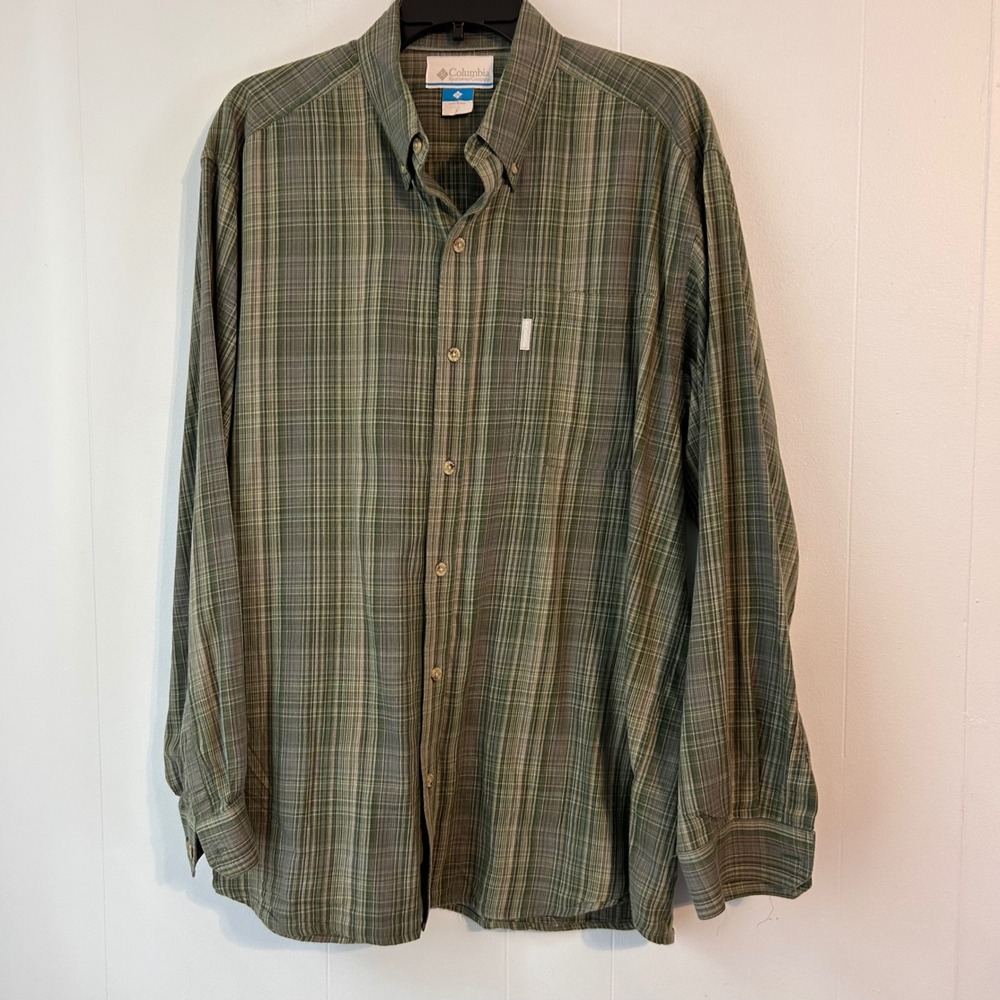 Columbia Mens Plaid Button Down Shirt Green Brown Long Sleeve Large Outdoor